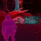 Star-Lord uses his scanning visor in a red and teal screenshot from Guardians of the Galaxy.